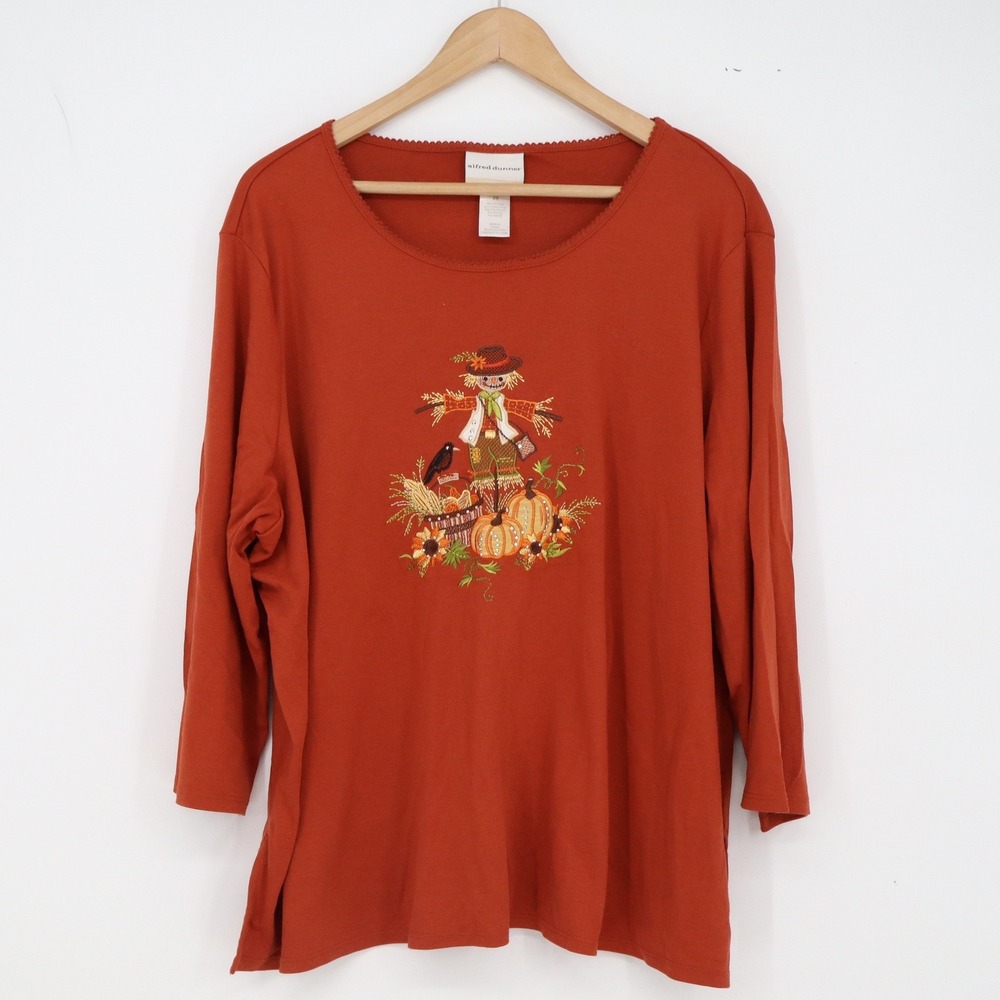 Alfred Dunner Knit Top Womens 2X Fall Scarecrow Rust Orange Embroidered Exc